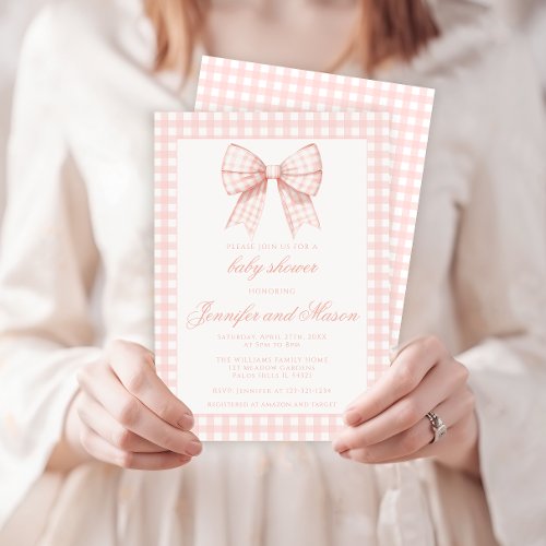 Cute pink bow gingham baby girl shower invitation