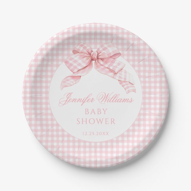 Cute Pink Bow Gingham Baby Girl Shower Paper Plates (Front)
