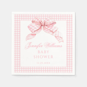 Cute Pink Bow Gingham Baby Shower Paper Napkins