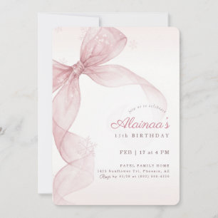 Cute Pink Bow Girl 15th Winter Birthday Party Invitation