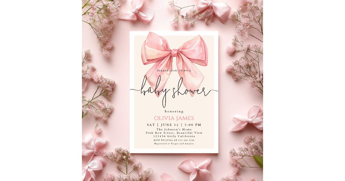 Cute Pink Bow Girl Baby Shower Invitation | Zazzle