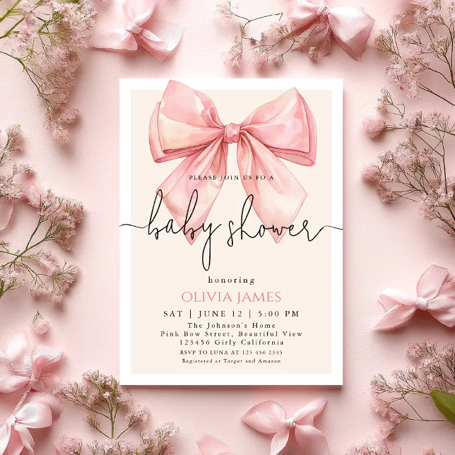 Cute Pink Bow Girl Baby Shower Invitation | Zazzle