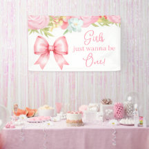 Cute Pink Bow Girl First Birthday