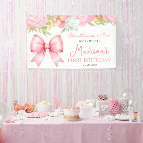 Cute Pink Bow Girl First Birthday