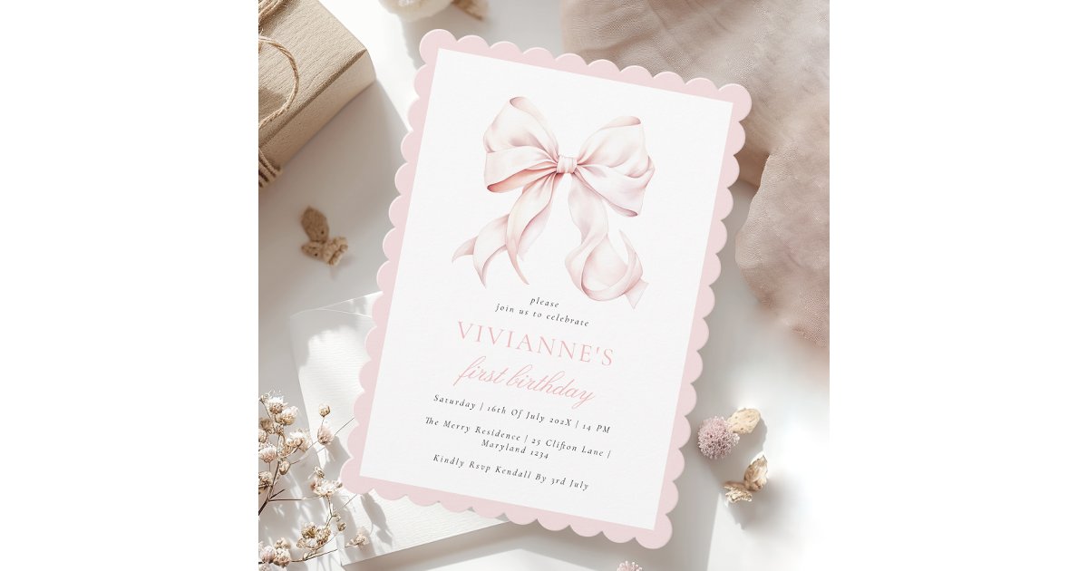 Cute Pink Bow Girl First Birthday Invitation | Zazzle