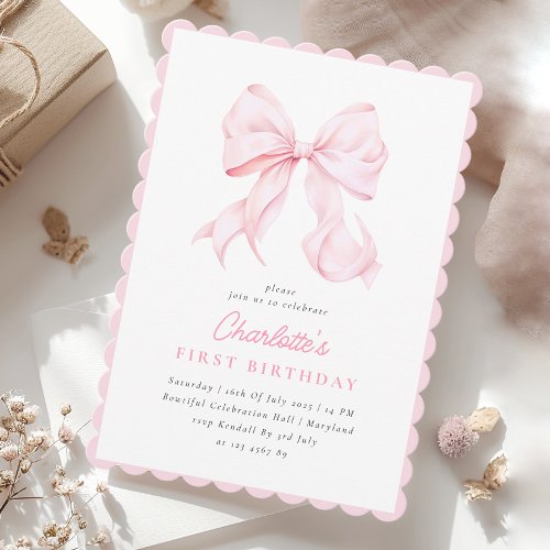 Cute Pink Bow Girl First Birthday Invitation