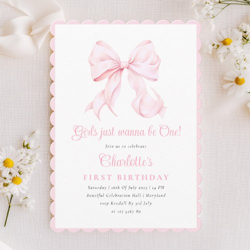 Cute Pink Bow Girl First Birthday Invitation