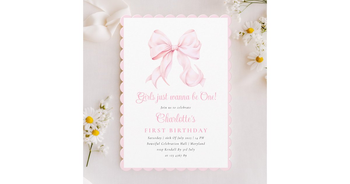 Cute Pink Bow Girl First Birthday Invitation | Zazzle
