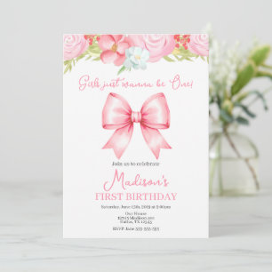 Cute Pink Bow Girl First Birthday Invitation