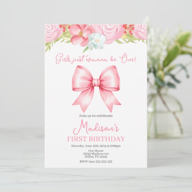Cute Pink Bow Girl First Birthday Invitation (Standing Front)