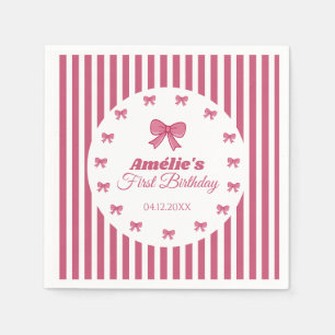 Cute Pink Bow Girl First Birthday Napkins