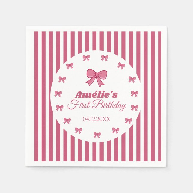 Cute Pink Bow Girl First Birthday  Napkins (Front)