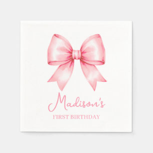 Cute Pink Bow Girl First Birthday Napkins