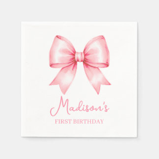 Cute Pink Bow Girl First Birthday Napkins