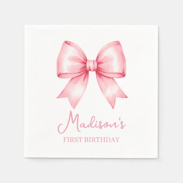 Cute Pink Bow Girl First Birthday Napkins (Front)