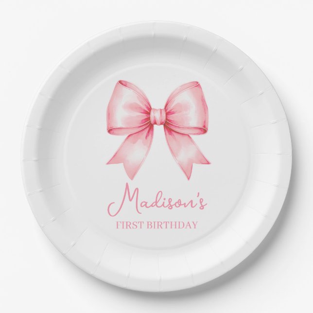Cute Pink Bow Girl First Birthday Paper Plates (Front)