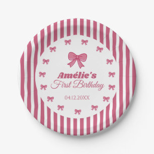 Cute Pink Bow Girl First Birthday Paper Plates