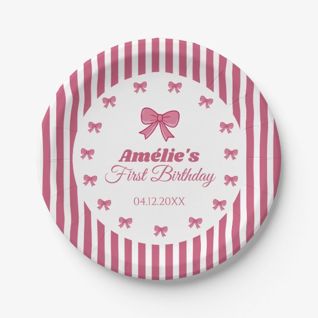 Cute Pink Bow Girl First Birthday  Paper Plates (Front)