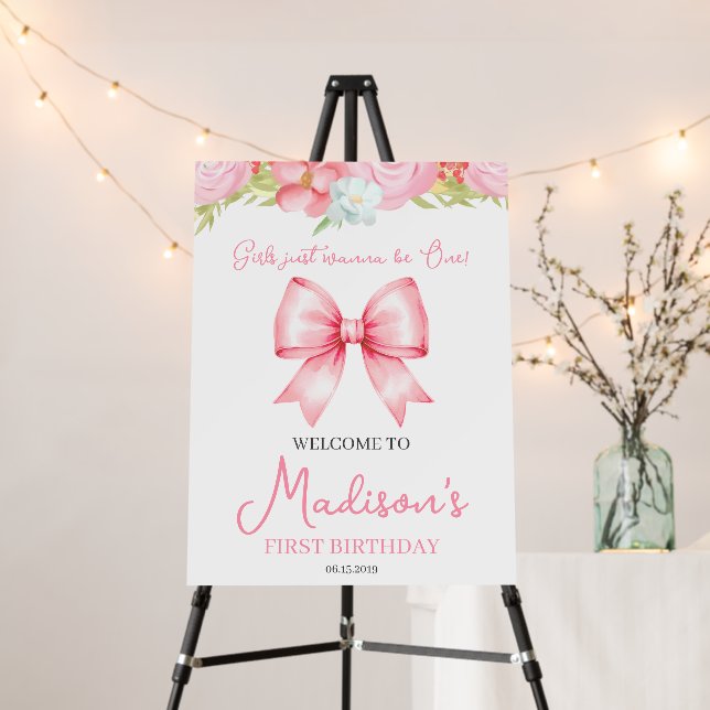 Cute Pink Bow Girl First Birthday Welcome Sign (In Situ (Stand))