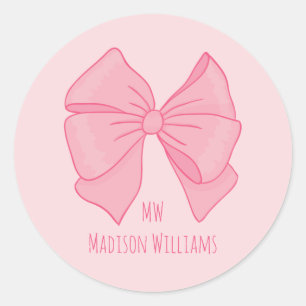Cute Pink Bow Girl's Monogram and Name Classic Round Sticker