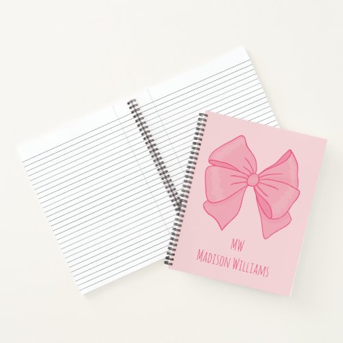 Cute Pink Bow Girls Monogram and Name Notebook