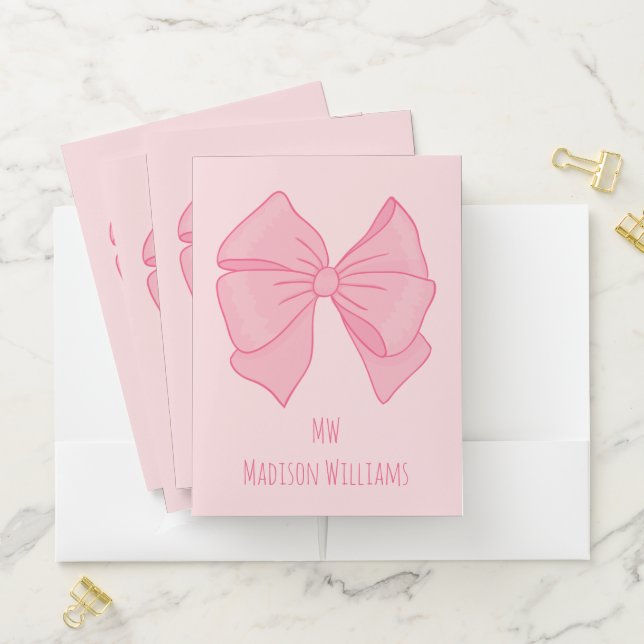 Cute Pink Bow Girl's Monogram and Name Pocket Folder (In Situ)