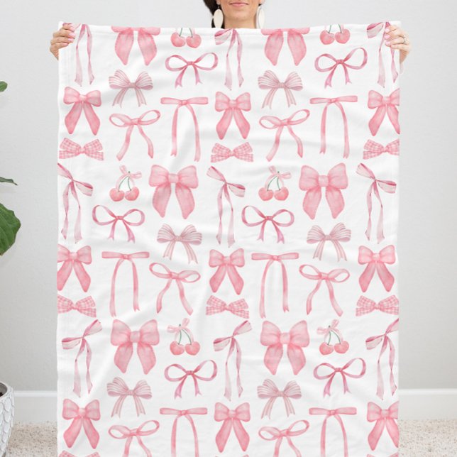 Cute Pink Bow Girly Female Aesthetic Coquette Fleece Blanket (Coquette blanket, coquette bedding, coquette decor, room decor coquette, cute pink bow blanket)
