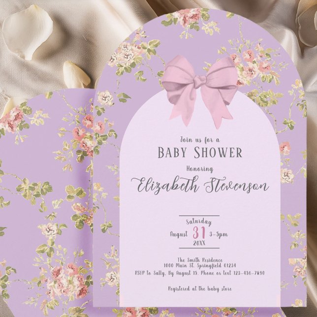 Cute Pink Bow Girly Floral Purple Baby Shower Arch Invitation (Creator Uploaded)