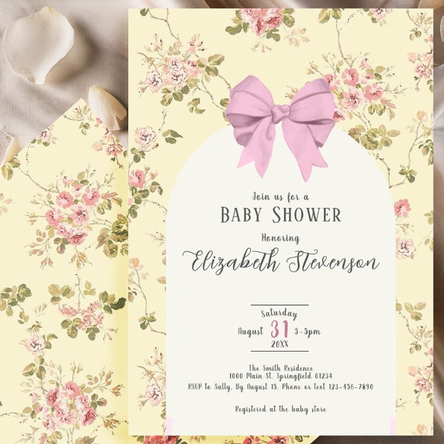 Cute Pink Bow Girly Floral Yellow Baby Shower Invitation (Creator Uploaded)