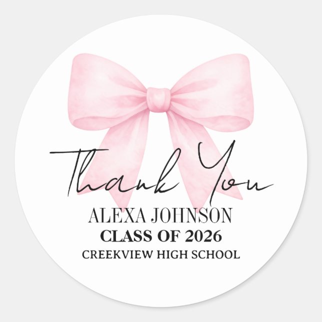 Cute Pink Bow Graduation Cap Graduate Classic Round Sticker (Front)
