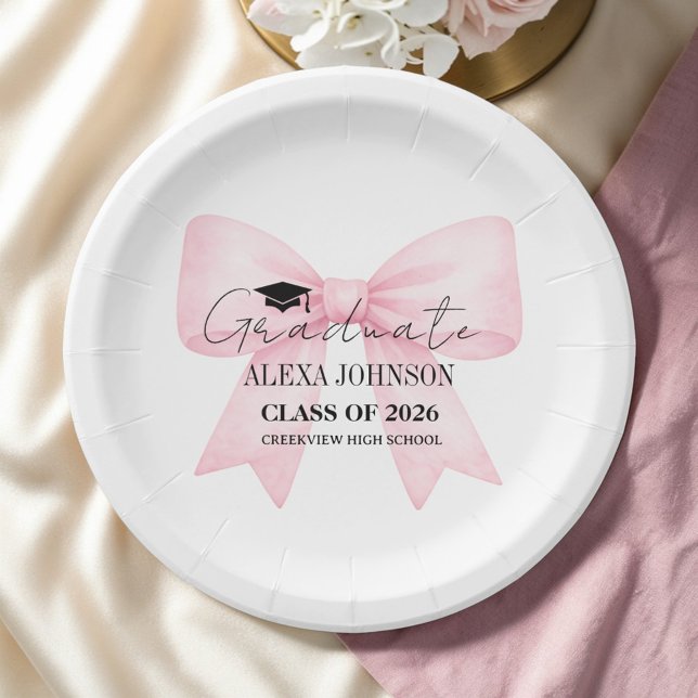 Cute Pink Bow Graduation Cap Graduate Paper Plates (Creator Uploaded)