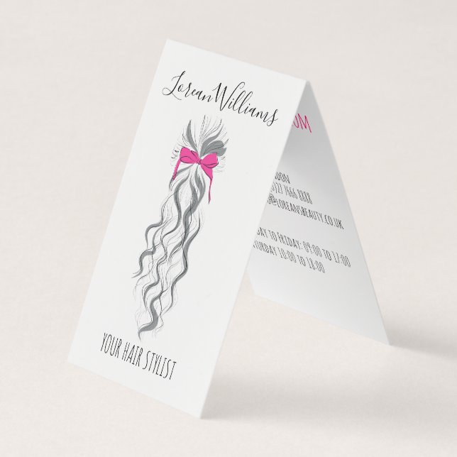 Cute Pink Bow Grey and White Braider Hair Styling  Business Card (Front)
