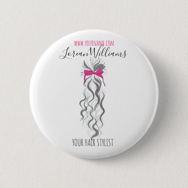 Cute Pink Bow Grey and White Braider Hair Styling  Button (Front)