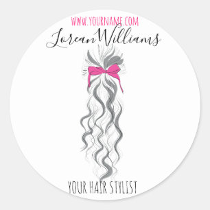 Cute Pink Bow Grey and White Braider Hair Styling Classic Round Sticker