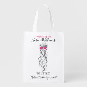 Cute Pink Bow Grey and White Braider Hair Styling  Reusable Grocery Bag