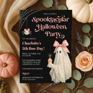 Cute Pink Bow Lace Ghost Halloween Birthday Invitation