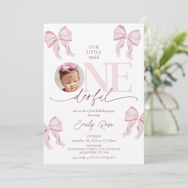 Cute Pink Bow Little Miss Onederful 1st Birthday  Invitation (Standing Front)