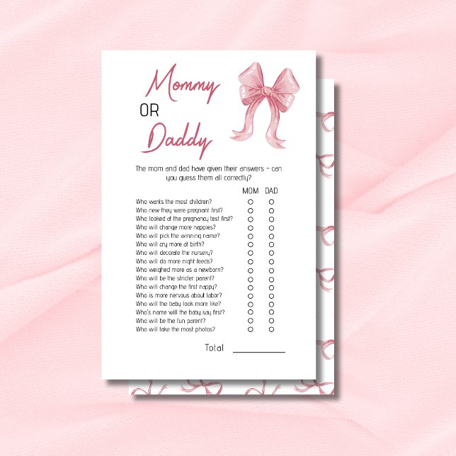 Cute Pink Bow Mommy or Daddy Baby Shower Game Card (Creator Uploaded)