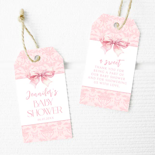 Cute pink bow preppy baby girl shower thank you gift tags | Zazzle