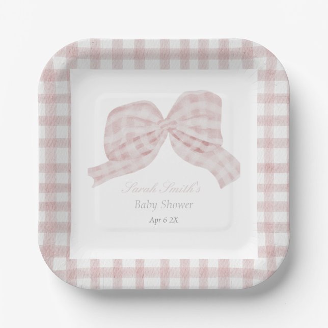 Cute pink bow ribbon baby shower  paper plates (Front)