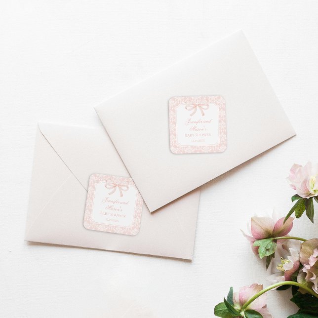 Cute pink bow ribbon bohemian baby girl shower square sticker (Creator Uploaded)