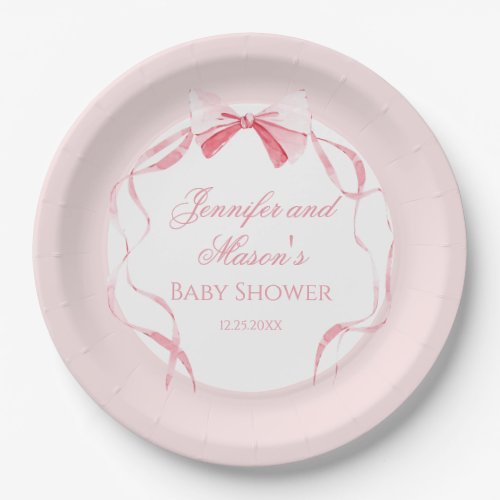 Cute pink bow ribbon boho baby girl shower paper plates