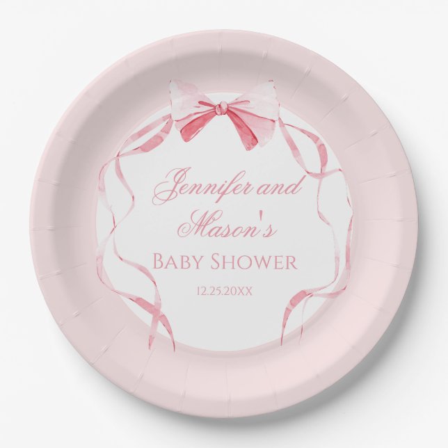 Cute pink bow ribbon boho baby girl shower paper plates (Front)