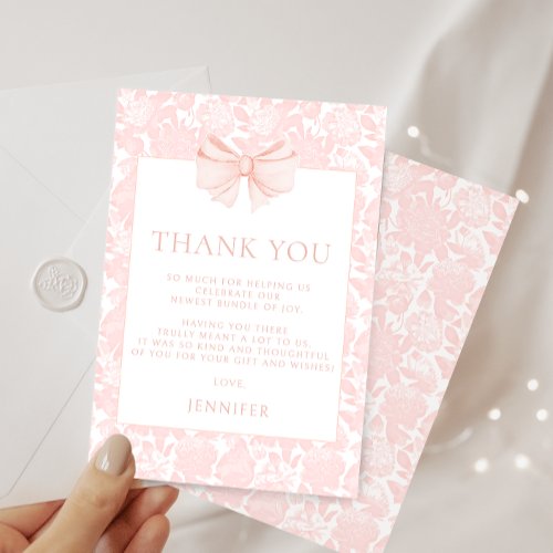 Cute pink bow ribbon floral preppy baby shower thank you card