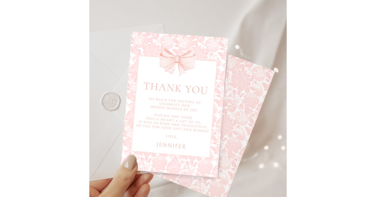 Cute pink bow ribbon floral preppy baby shower thank you card | Zazzle