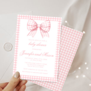 Cute pink bow ribbon gingham baby girl shower invitation