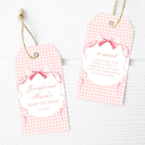 Cute pink bow ribbon gingham baby shower thank you gift tags
