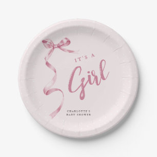 Cute Pink Bow Ribbon Girl Baby Shower Paper Plates
