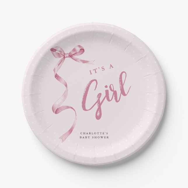 Cute Pink Bow Ribbon Girl Baby Shower Paper Plates (Front)