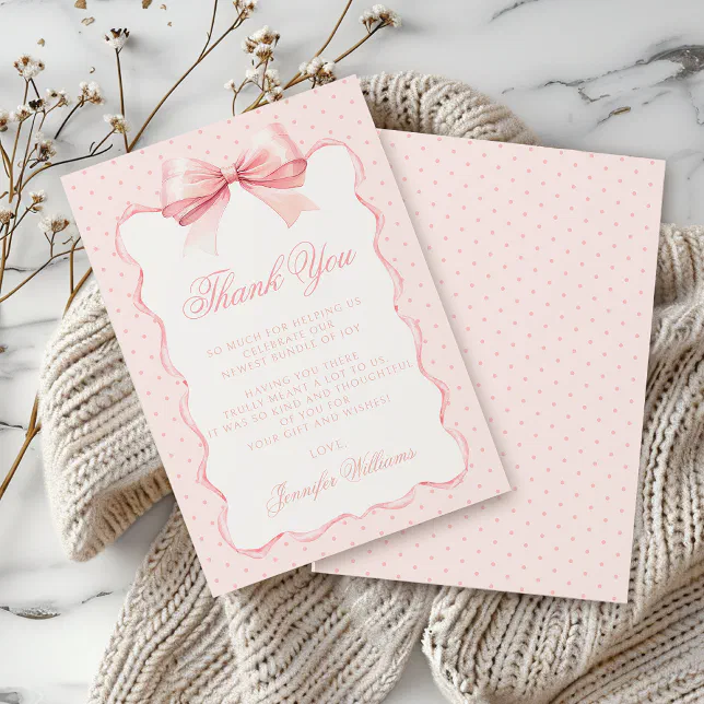 Cute pink bow ribbon polkadot baby girl shower thank you card | Zazzle